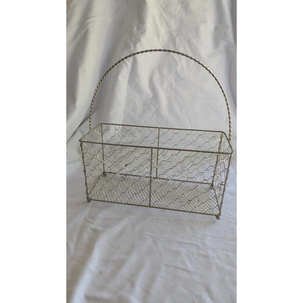 Vintage Silver Beaded Chicken Wire Basket Twisted Handle Farmhouse Caddy 12in